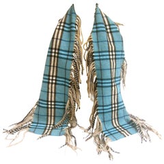 Burberry London Cashmere Blue Nova Plaid Fringe Scarf 