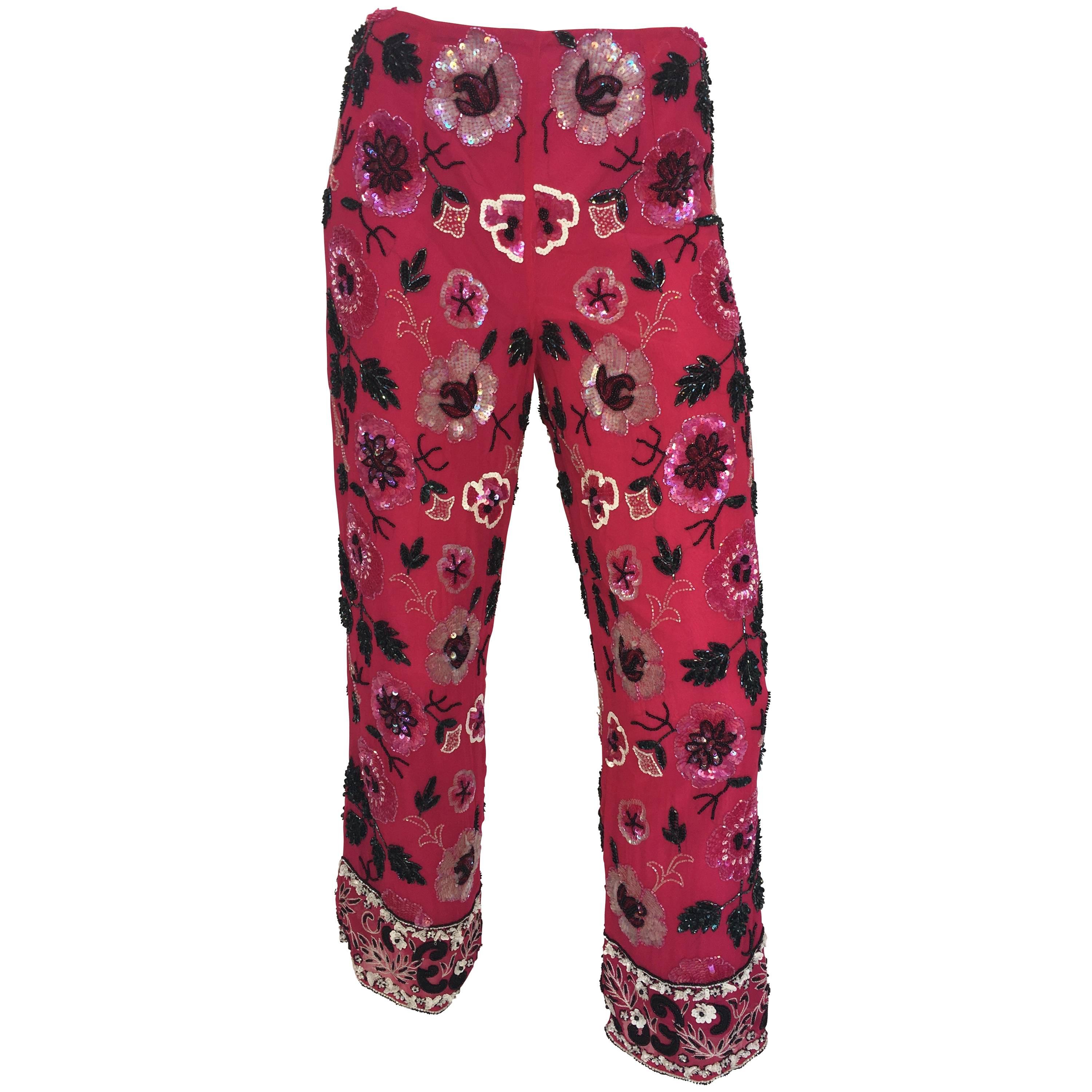 1980s Cache Fuschia Floral Beaded Silk Cropped Lounge Pants For Sale