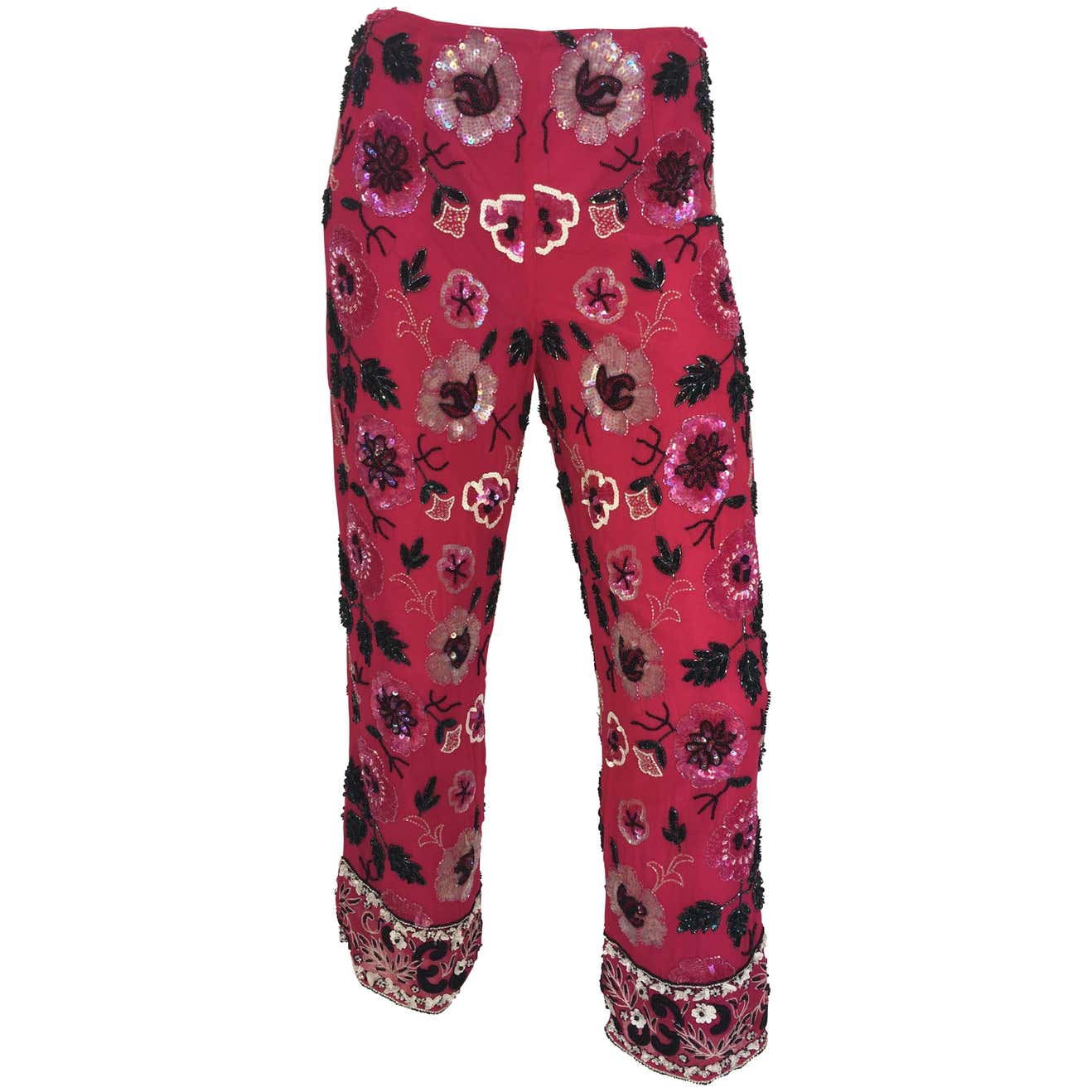 1980s Cache Fuschia Floral Beaded Silk Cropped Lounge Pants For Sale at ...