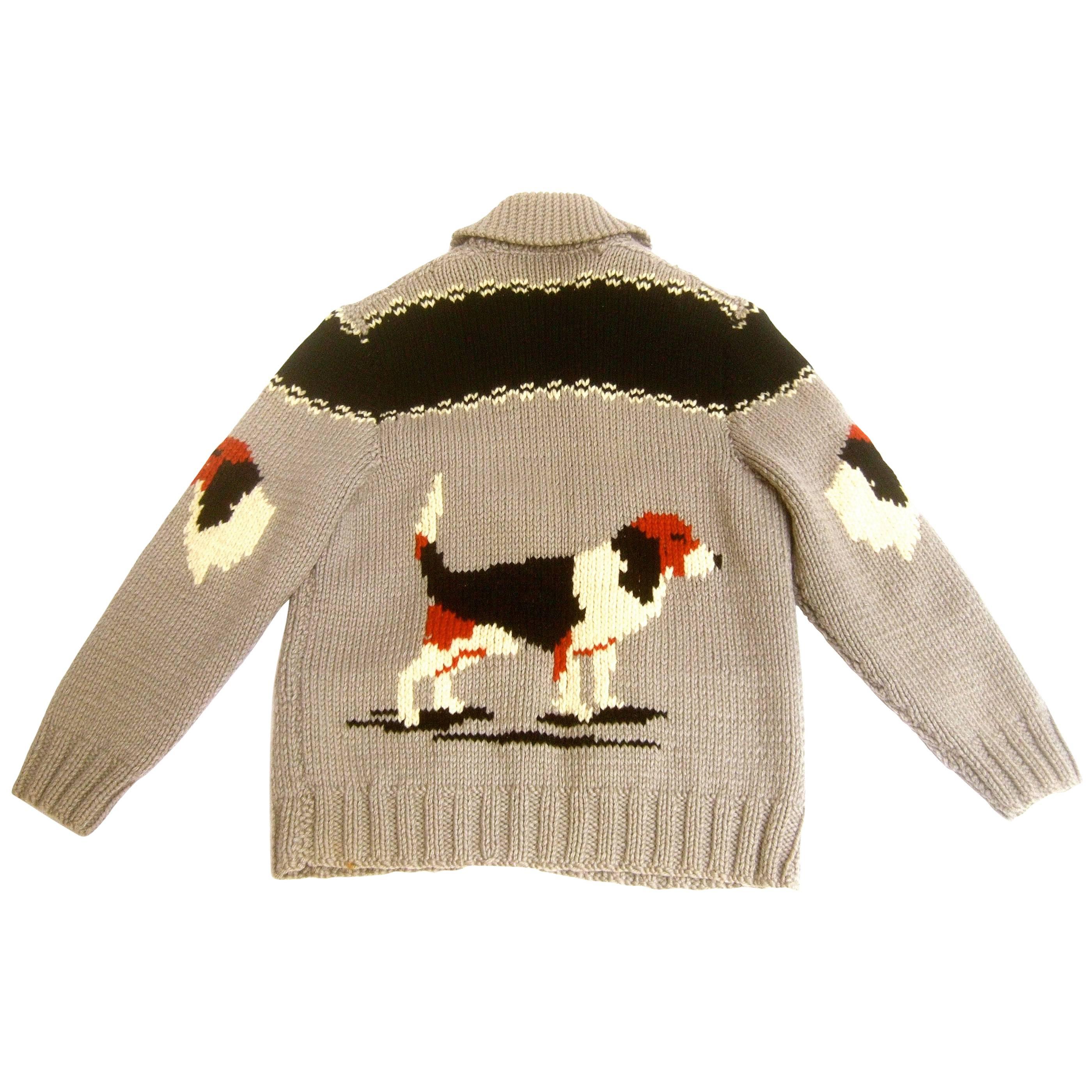 1940s Mens Dog Theme Wool knit Zippered  Sweater 