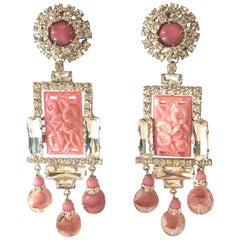 VRBA Pink Opaline Glass Diamante and Venetian Bead Massive Drop Earrings