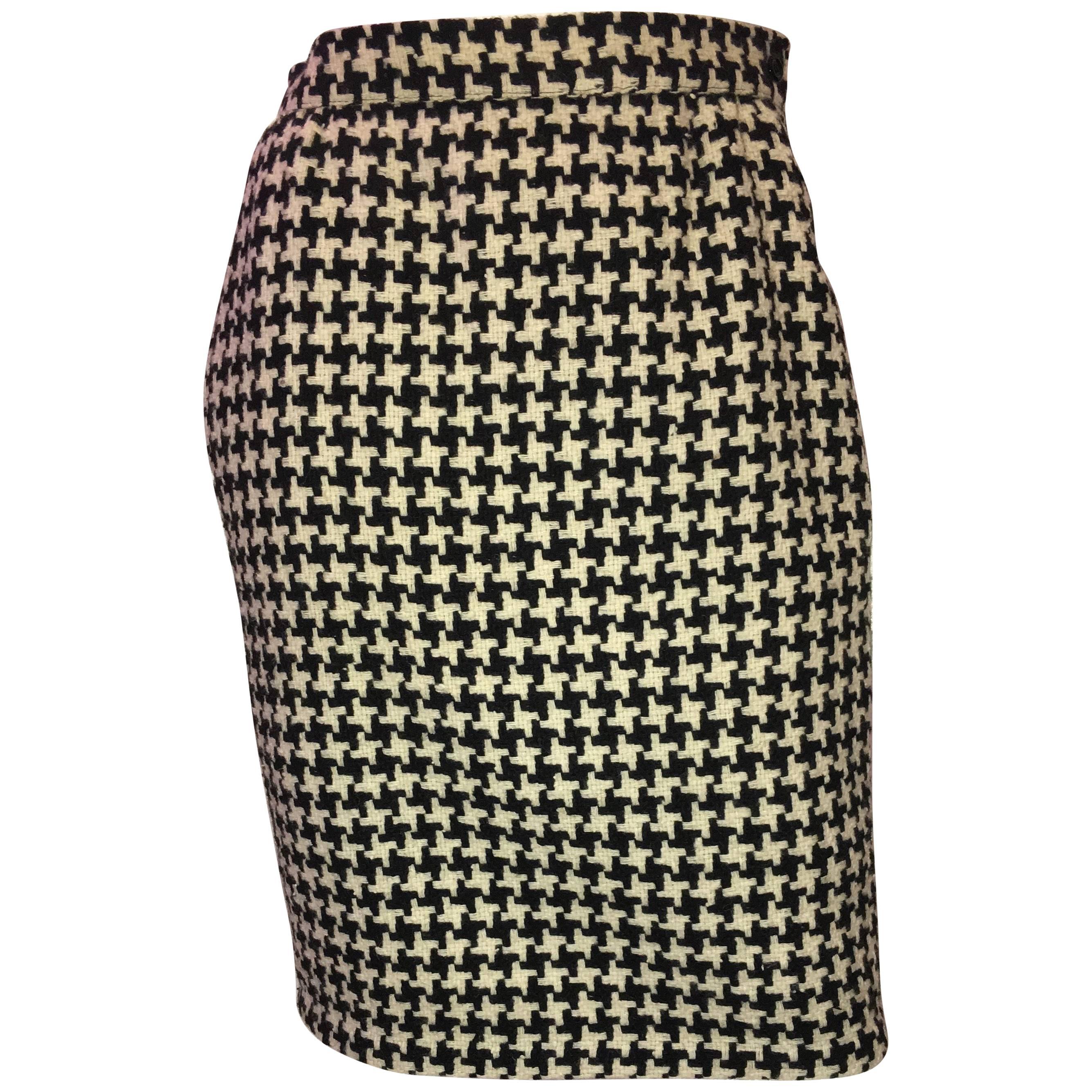  Ungaro Black and White Houndstooth Wool Skirt, 1980s 