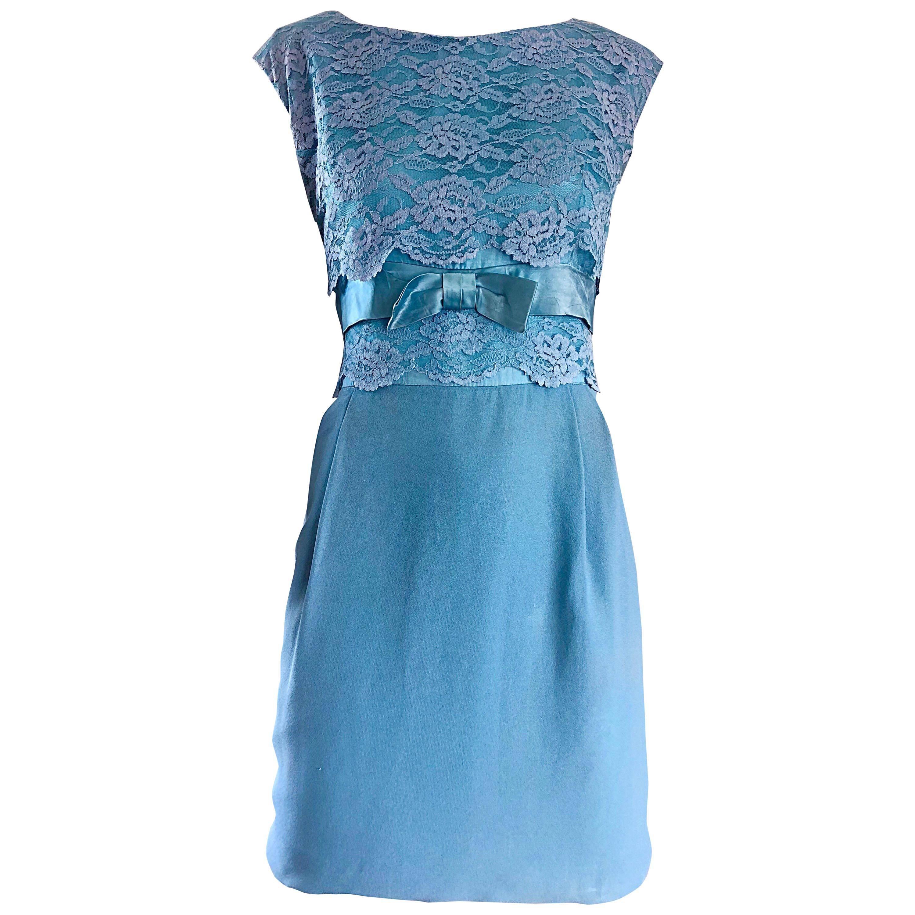 Beautiful 1960s Light Blue Silk Crepe Lace Bow Vintage 60s Shift Mini Dress For Sale