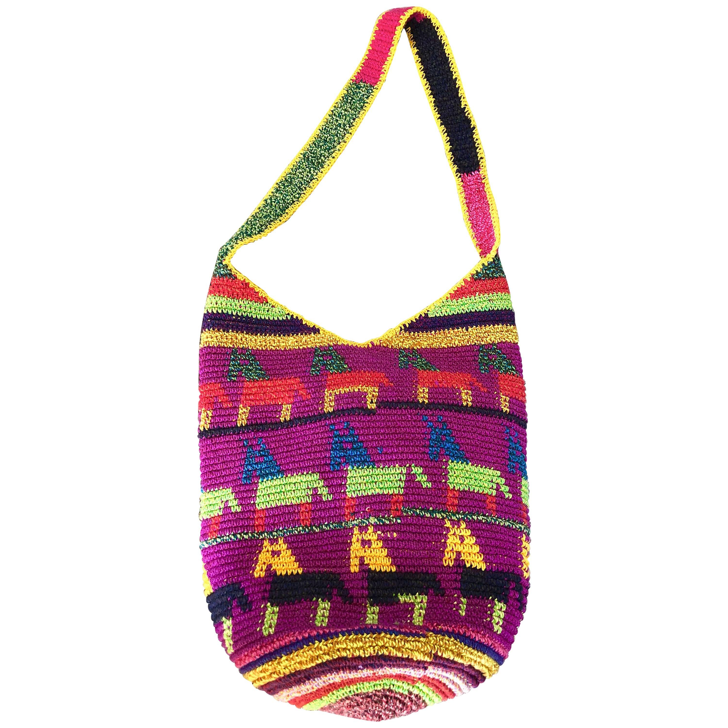 Amazing 1970s XL Hand Crochet Southwestern Colorful Boho Shoulder Crossbody Bag