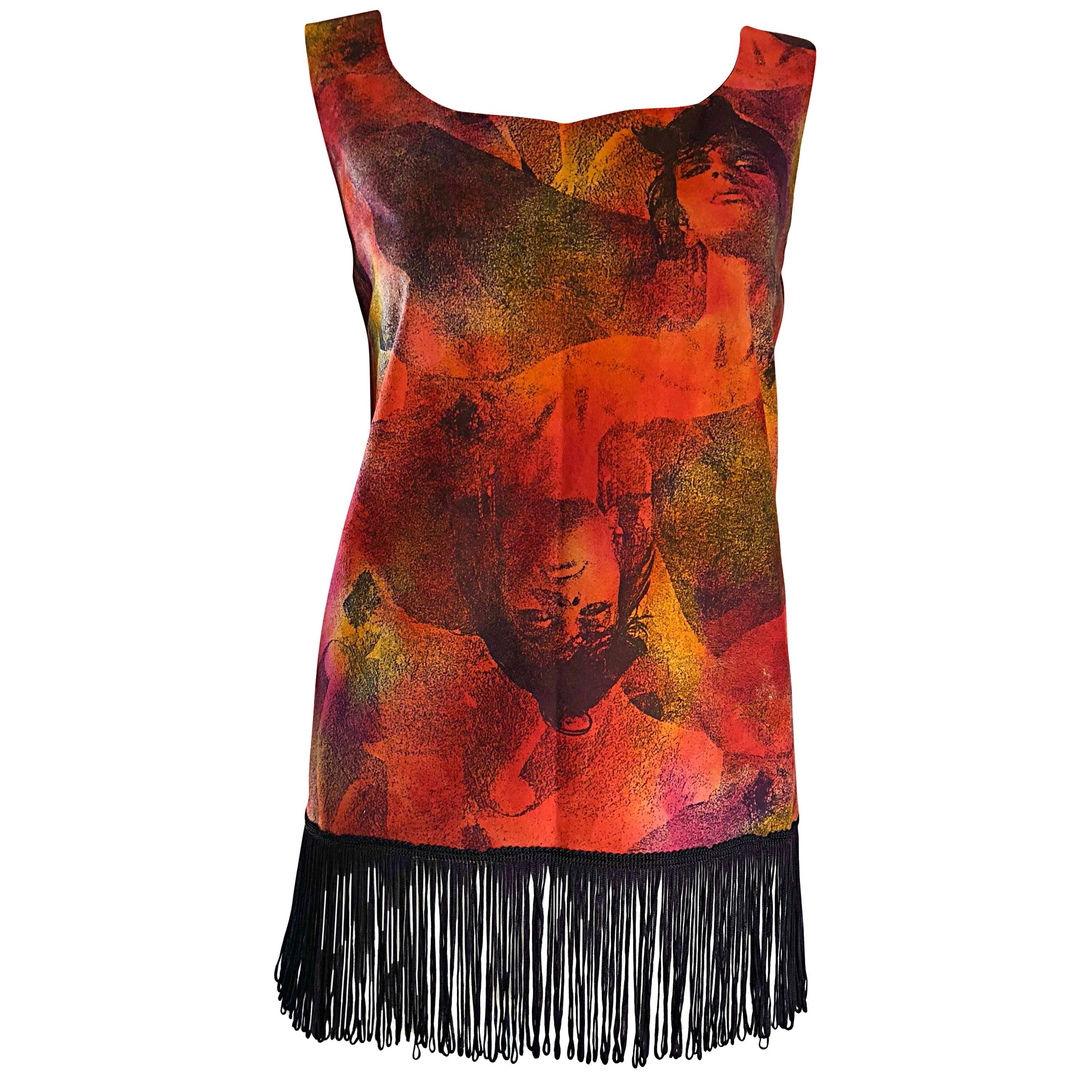 Rare 1990s Ordinary or Death Ultra Suede Avant Garde Face Print Fringe 90s Top For Sale