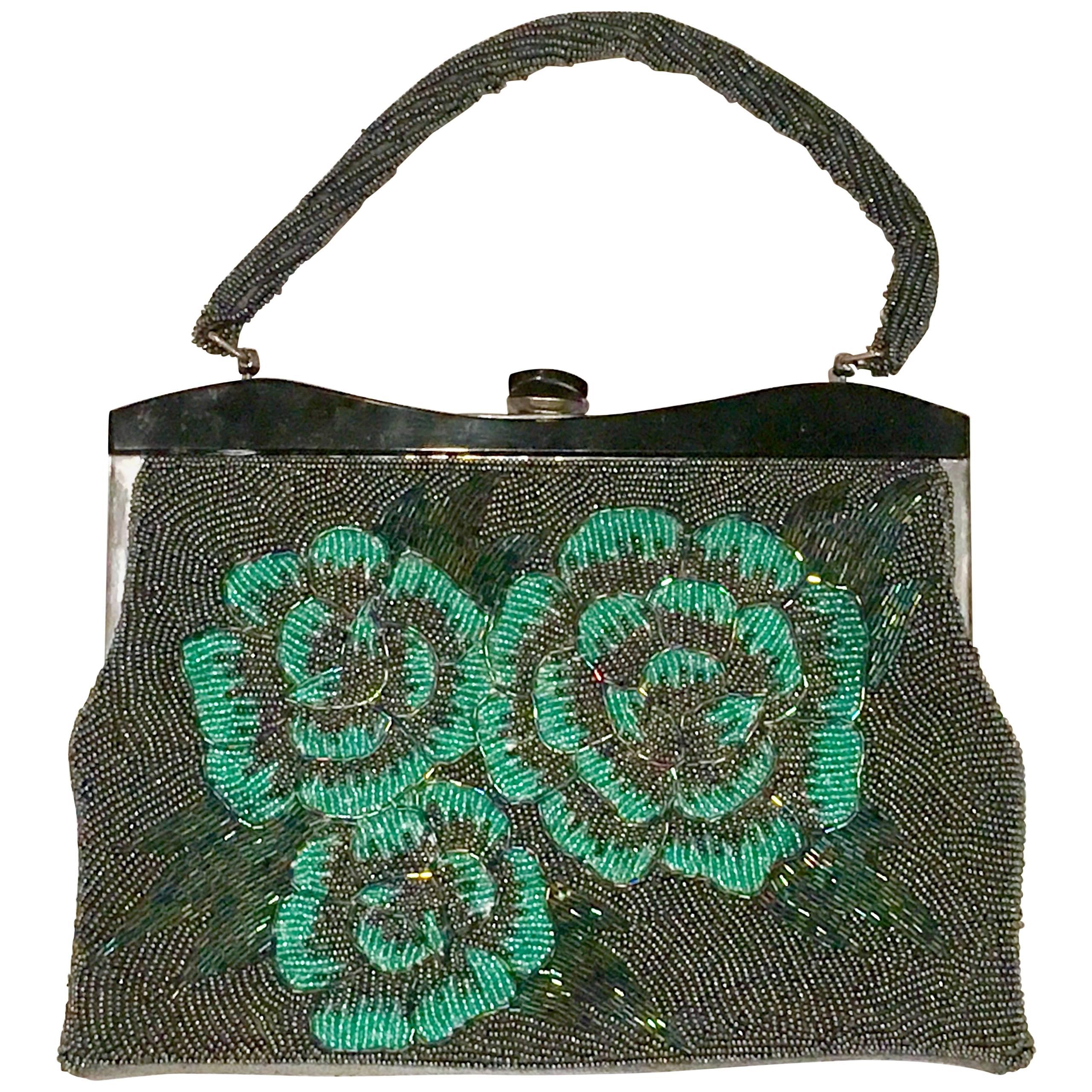 1950'S Art Glass Bead & Lucite Floral Hang Bag.