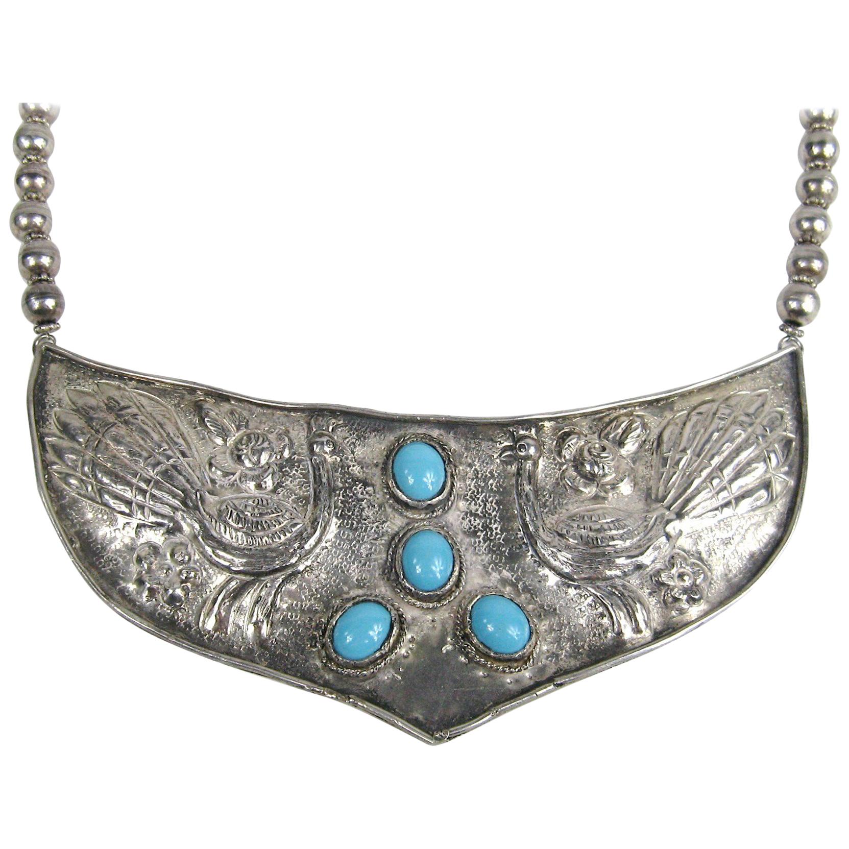 Sterling Silver Hammered Turquoise shield Necklace Hand Made 1970s For Sale