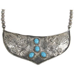 Used Sterling Silver Hammered Turquoise shield Necklace Hand Made 1970s