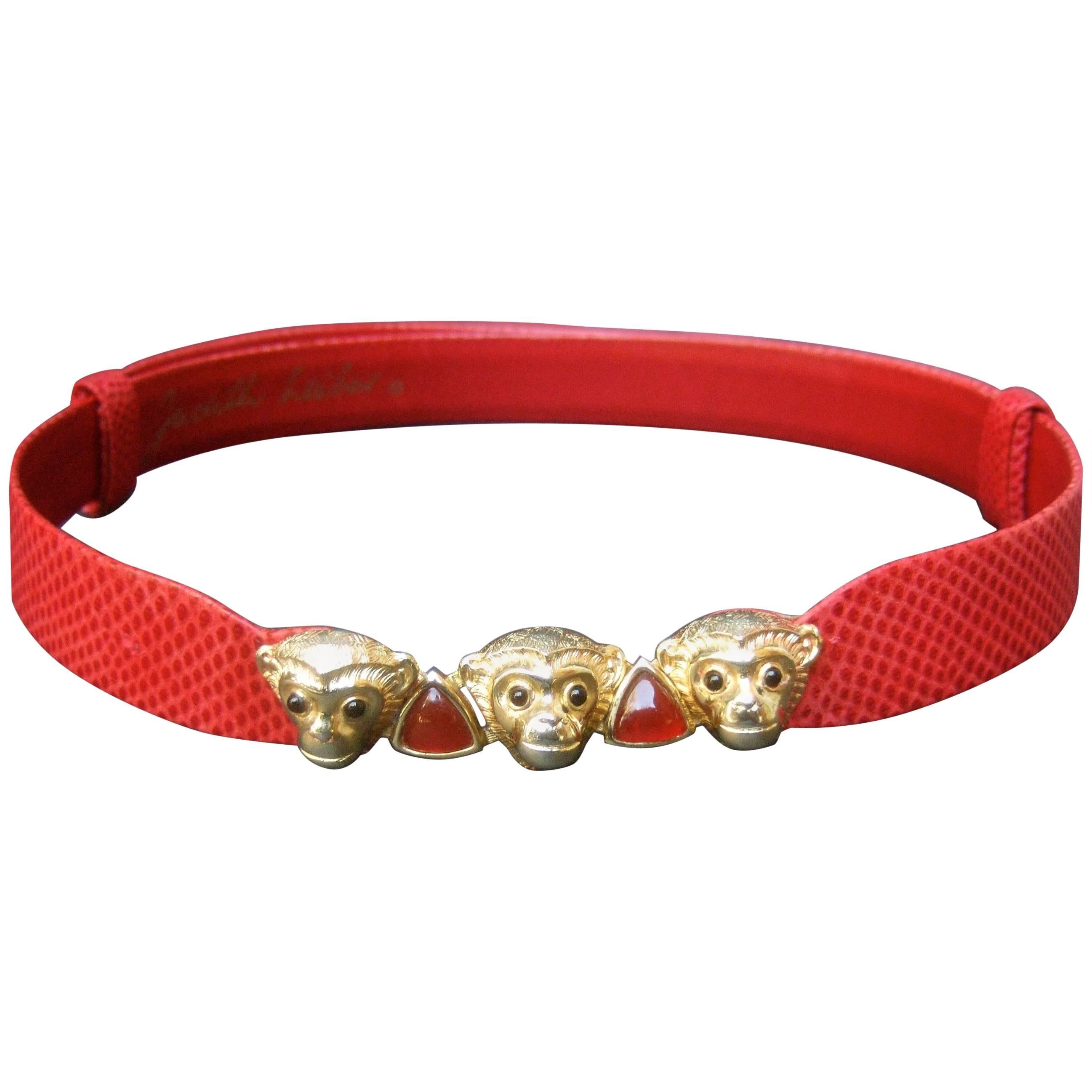 Judith Leiber Charming Monkey Buckle Red Leather Belt c 1980s