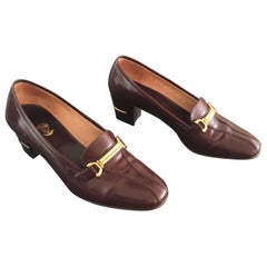 Gucci Brown Leather Heeled Loafer with Gold Braid Buckle Size 37.1/2 B.