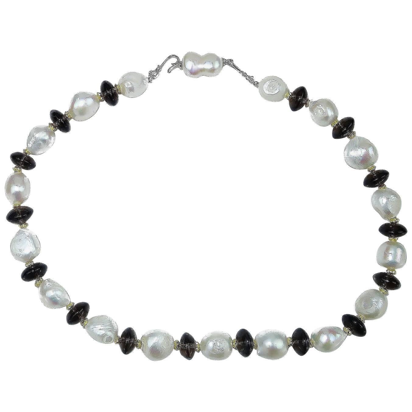 Gemjunky Classic Necklace of White Pearls and Smoky Quartz Rondelles