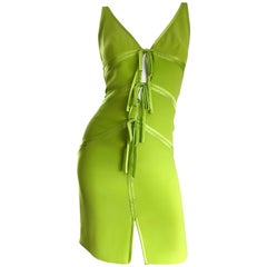 Vintage Valentino Lime Green 1990s Cut - Out Bodycon Sexy Size 4 Silk 90s Dress