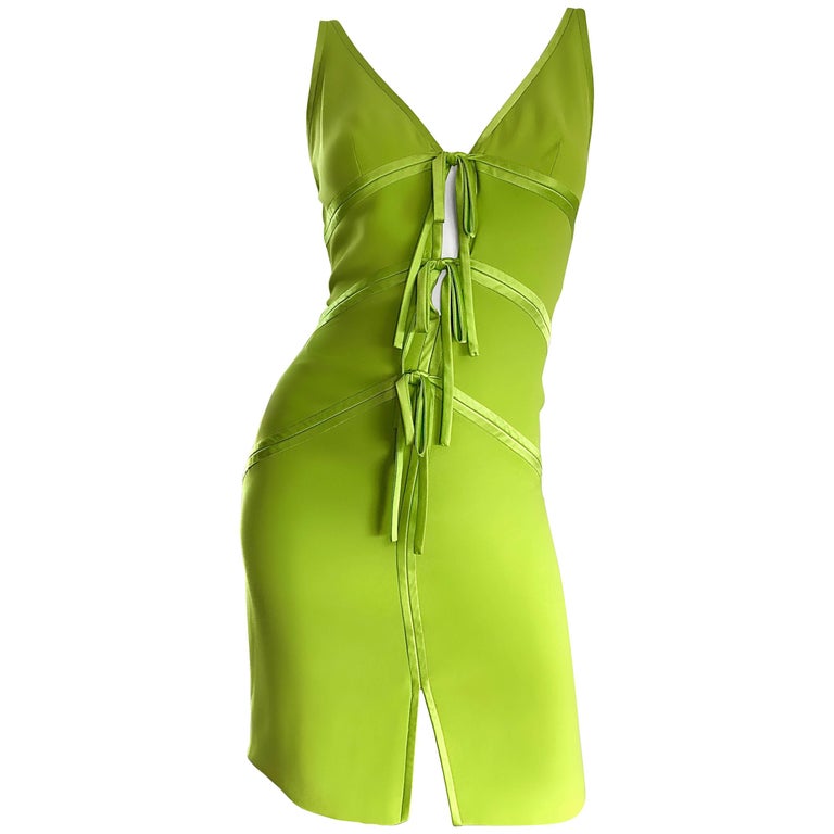 Vintage Valentino Lime Green 1990s Cut - Out Bodycon Sexy Size 4 Silk 90s Dress For Sale