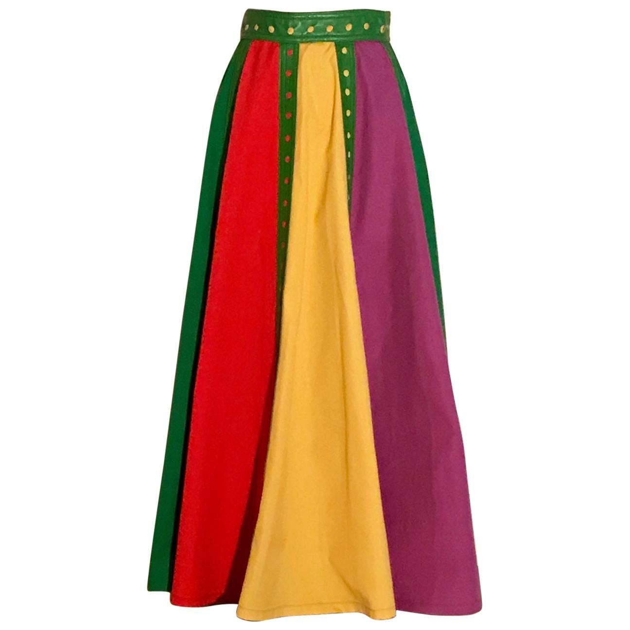 Giorgio Sant'Angelo 1970s Green Leather Trim Colorblock Maxi Skirt Long