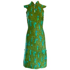 Retro 1960s Avocado Lime Green Turquoise Blue Balinese Polynesian 60s Cheongsam Dress