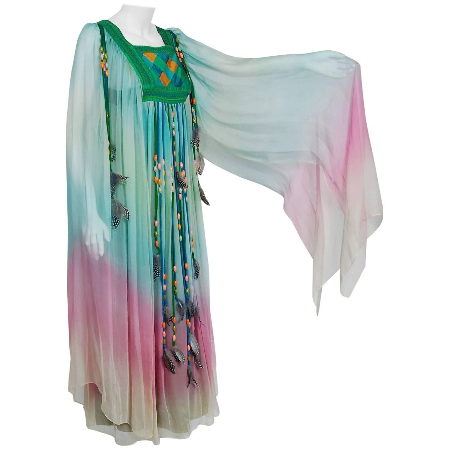 1975 Gina Fratini Elizabeth Taylor Wedding Ombre Design Chiffon Bohemian Dress