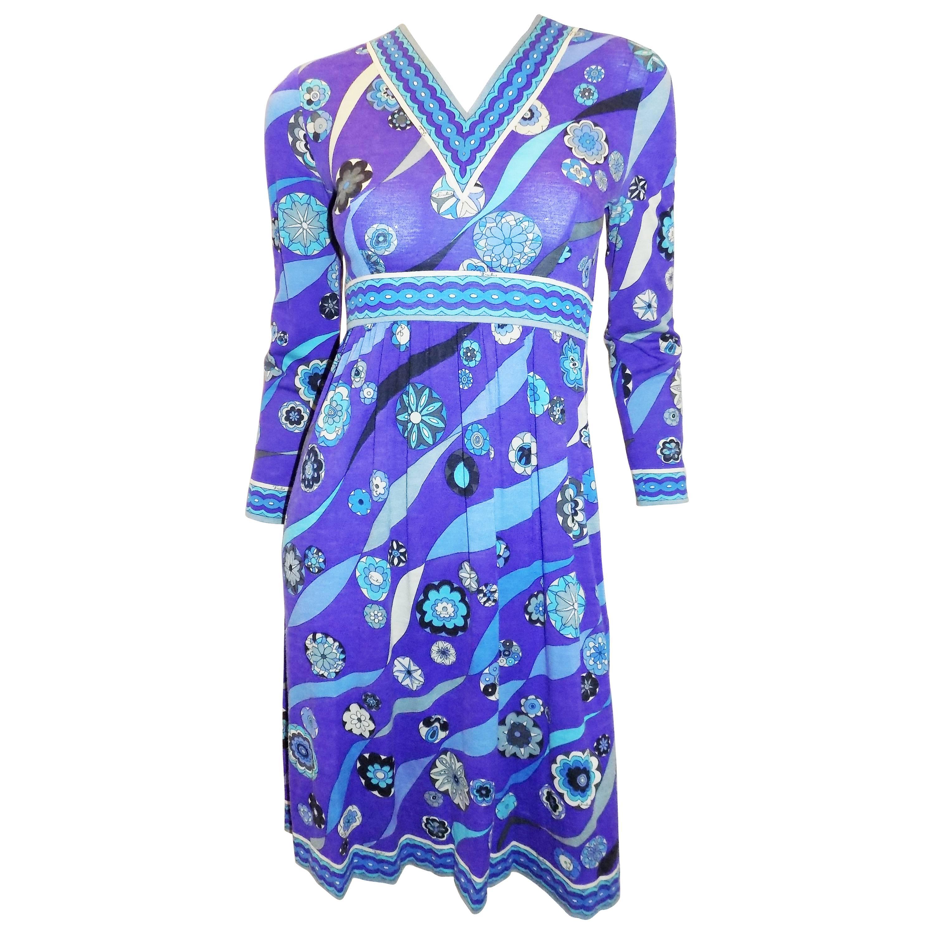Pucci vintage blue print empire cut  wool and silk dress, 1970 For Sale