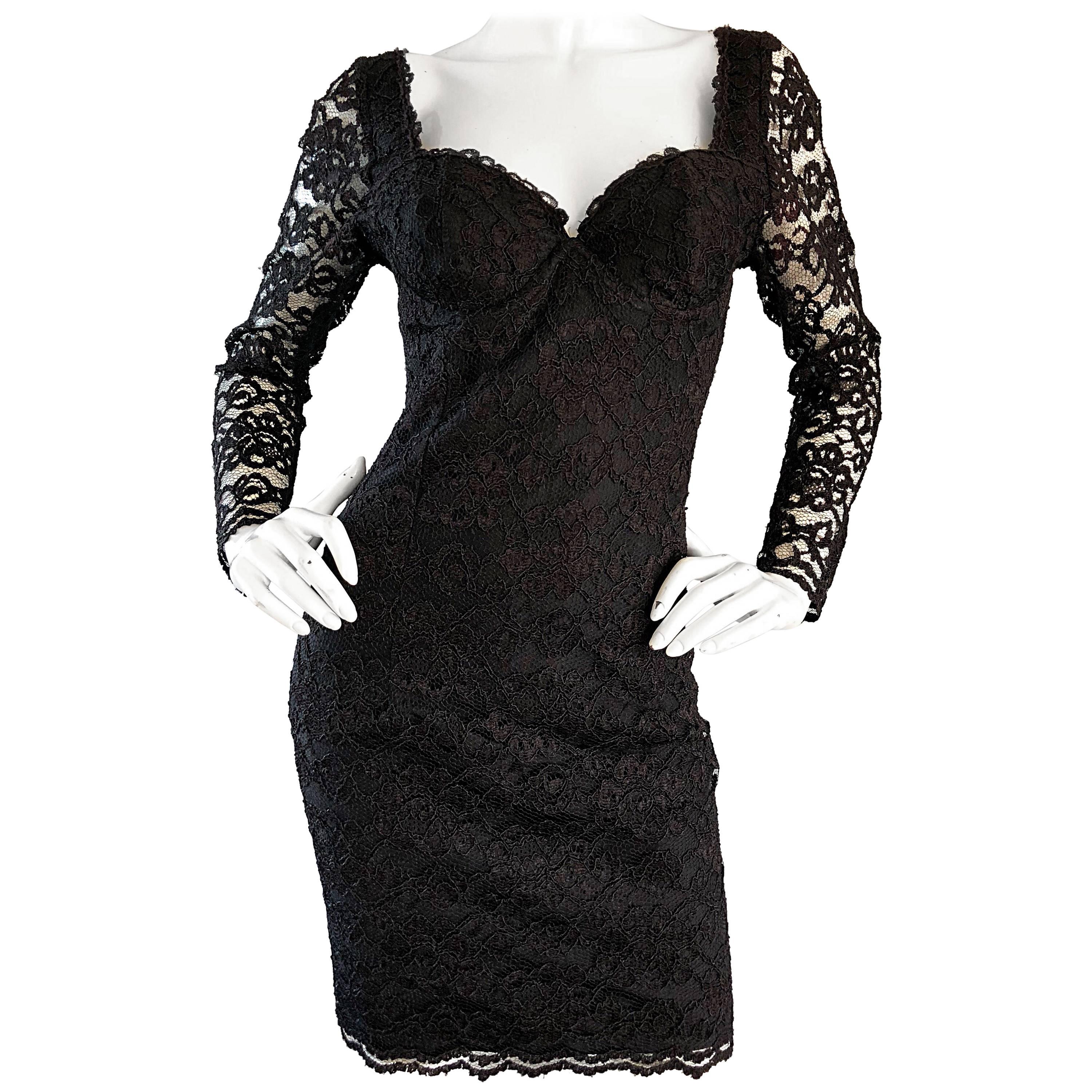 Sexy Vintage Black Silk Lace 1990s Bodycon Long Sleeve 90s Little Black Dress