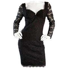 Sexy Retro Black Silk Lace 1990s Bodycon Long Sleeve 90s Little Black Dress