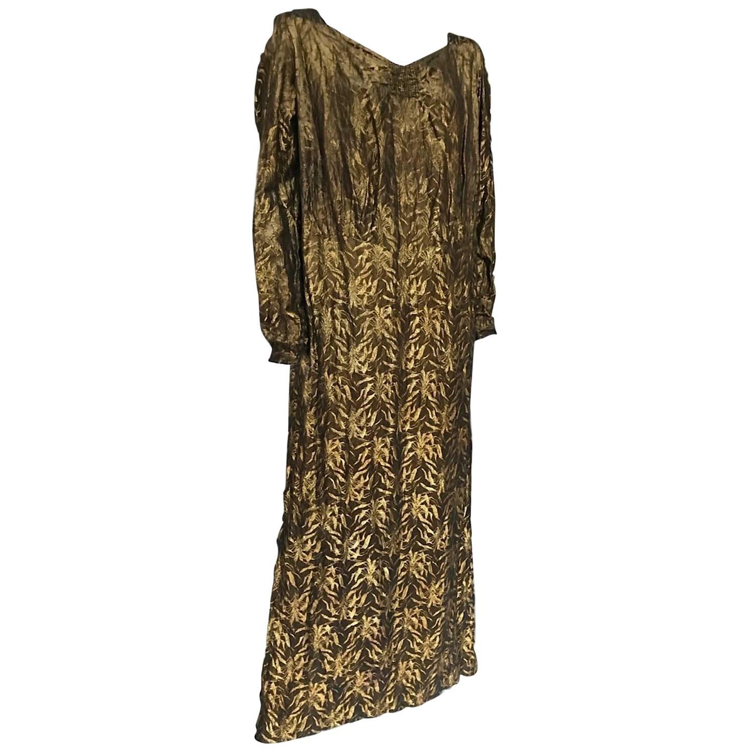 Art Deco Harvey Nichols Gold Lamé Leaf Design Evening Gown Dress For Sale