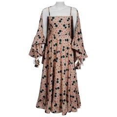 Vintage 1976 Lanvin Couture Abstract Dotted Floral Print Silk Bohemian Dress & Shawl