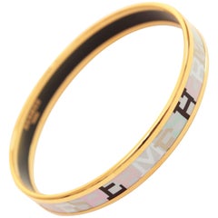 Hermes Paris Logos Narrow Enamel Bracelet Gold Plated Bangle + Box Size 62