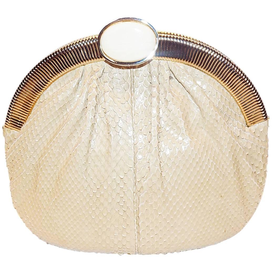 Judith Leiber Beige Snake Skin Frame Handbag Clutch with large oval  Stone Clasp For Sale