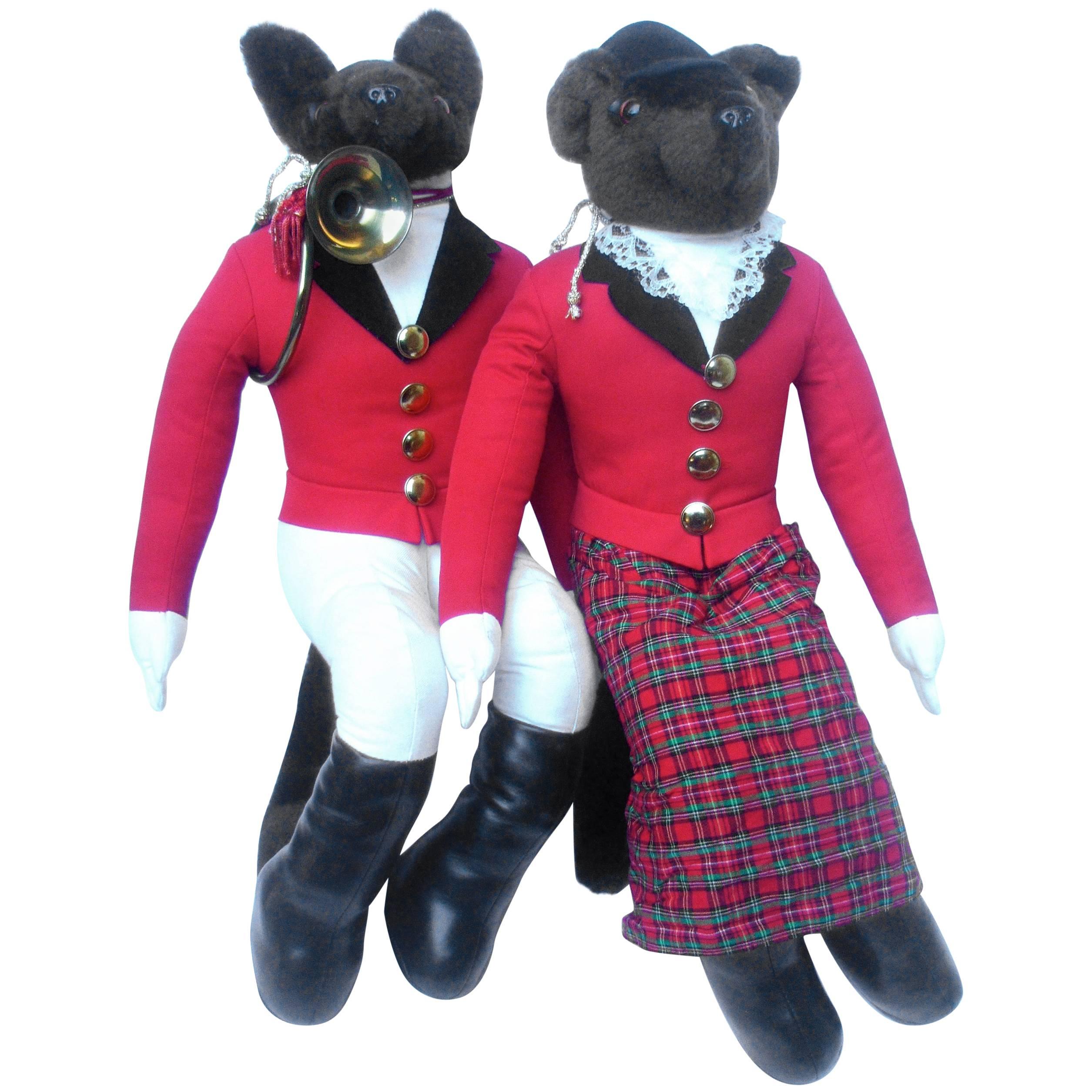 Whimsical Pair of Fox Hunting Stuffed Figures  c 1980s
