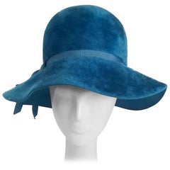 Vintage 1960s Cerulean Blue Felt Wide Brim Floppy Hat