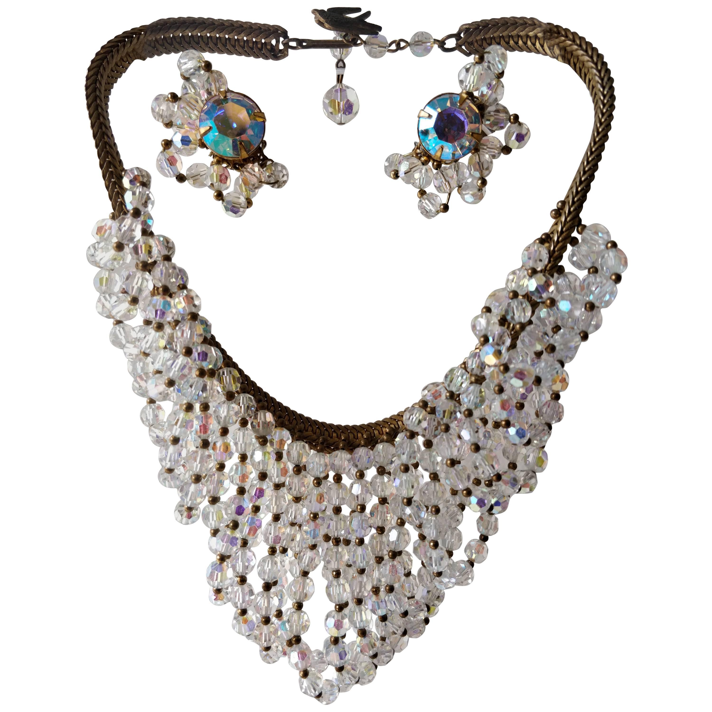 1960s Josef Morton Serpentine Chain Necklace w Crystal Waterfall Bib & Earrings