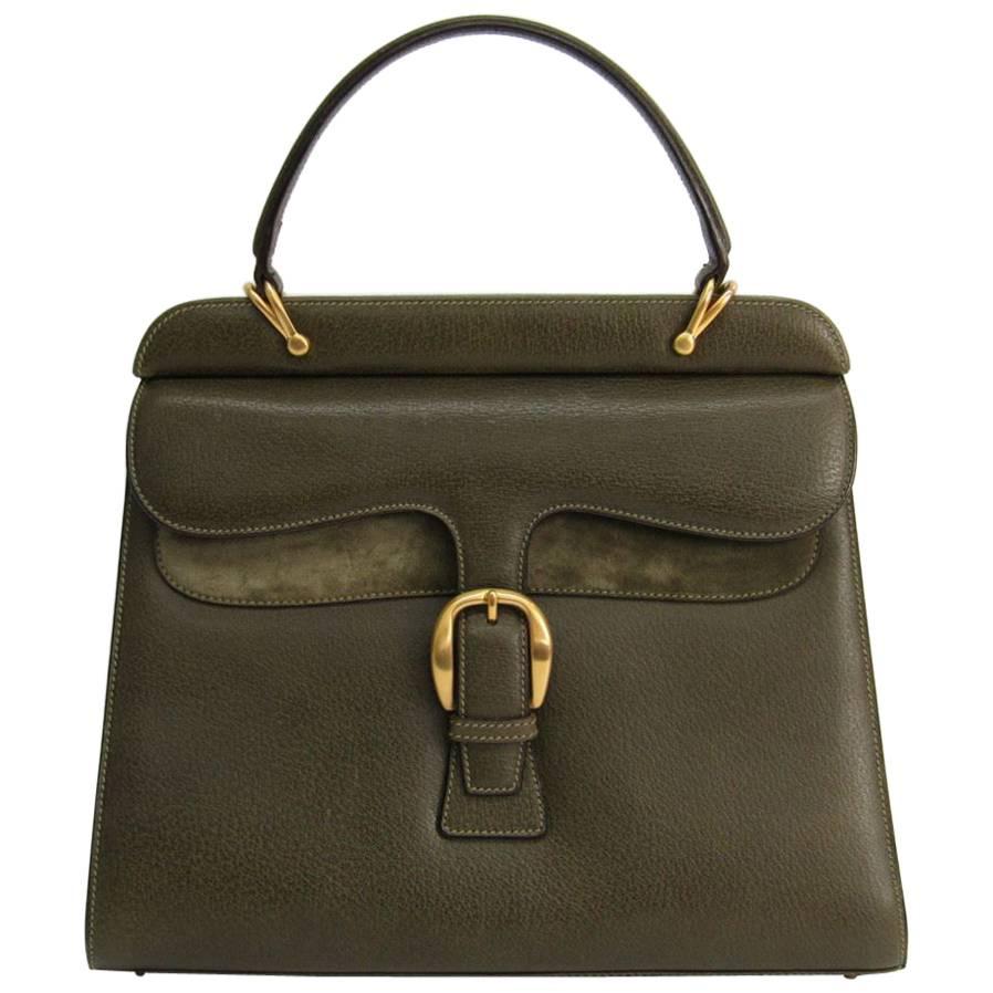 Gucci Olive Green Leather Gold Kelly Style Evening Top Handle Satchel Flap Bag