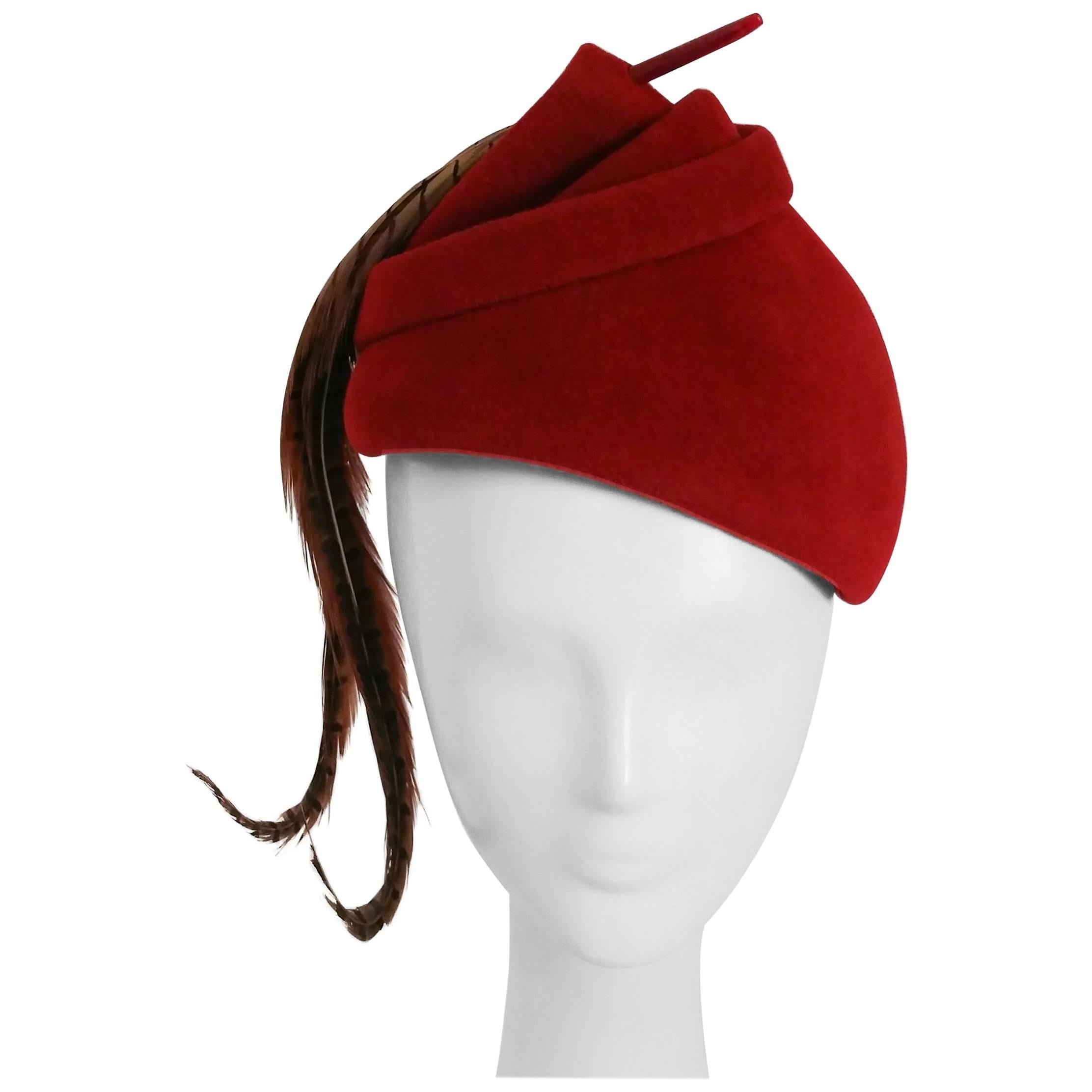 1940s Red Felt Surrealist Hat with Pheasant Feather
