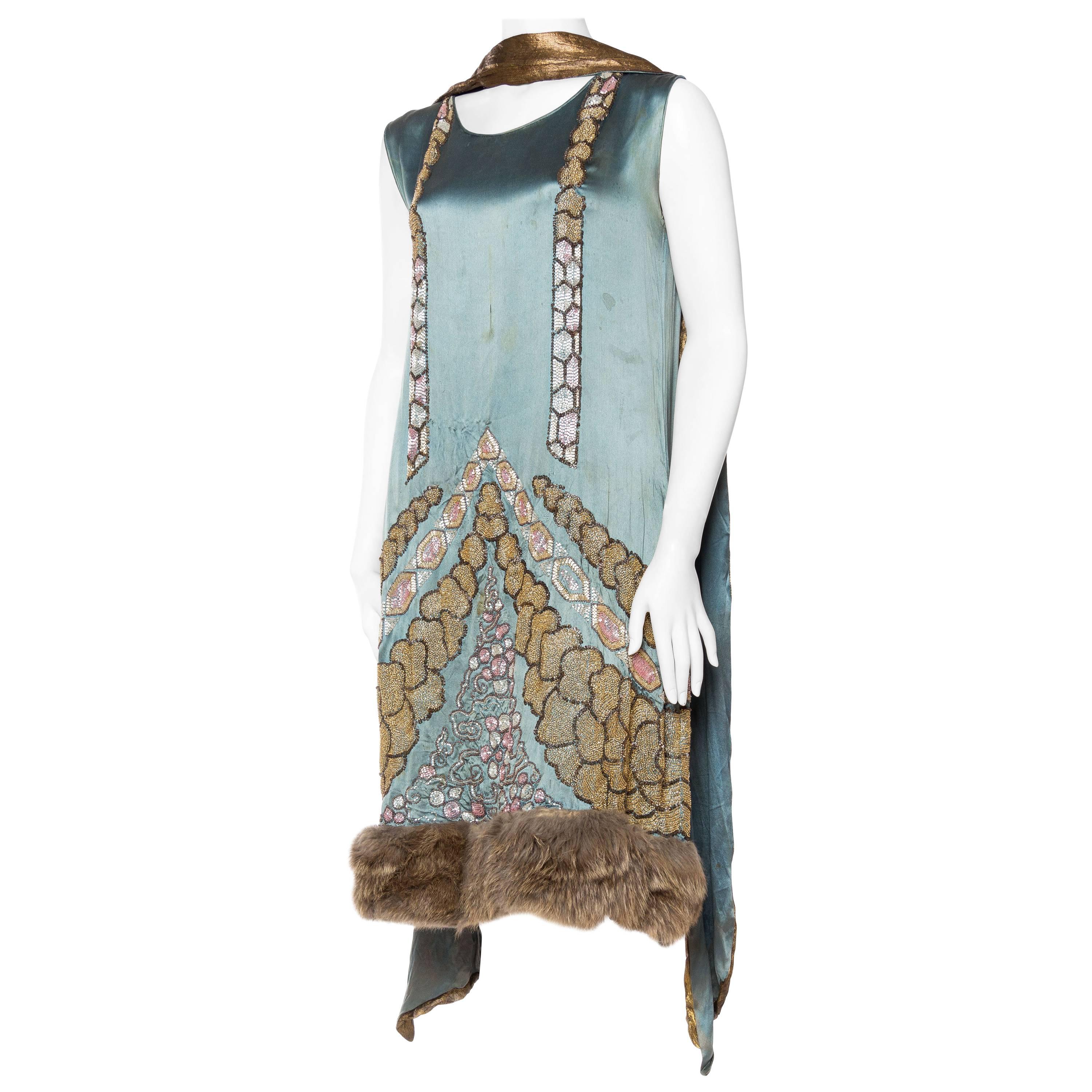 1920s Beaded Dress with Fur Hem and Lamé shawl