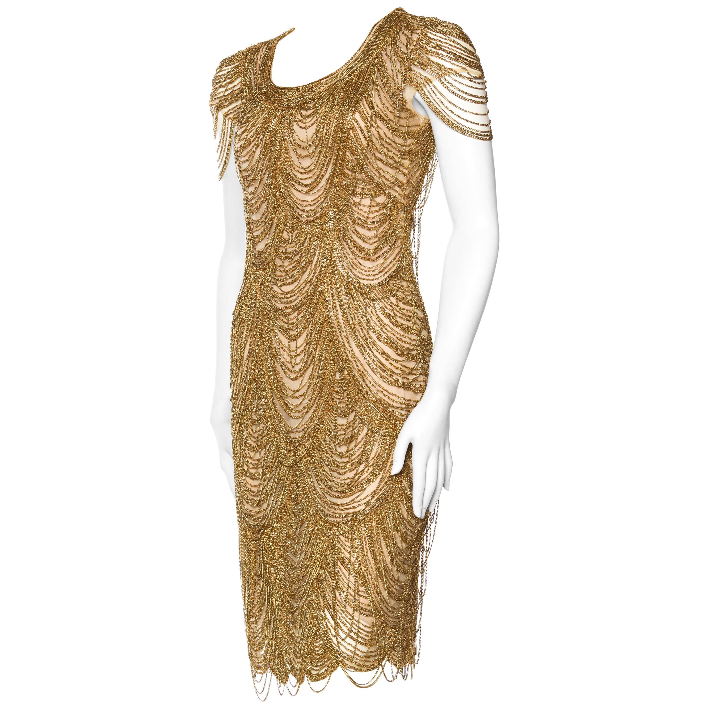 Naeem Khan Nude Dress Dripping in Gold Chains For Sale