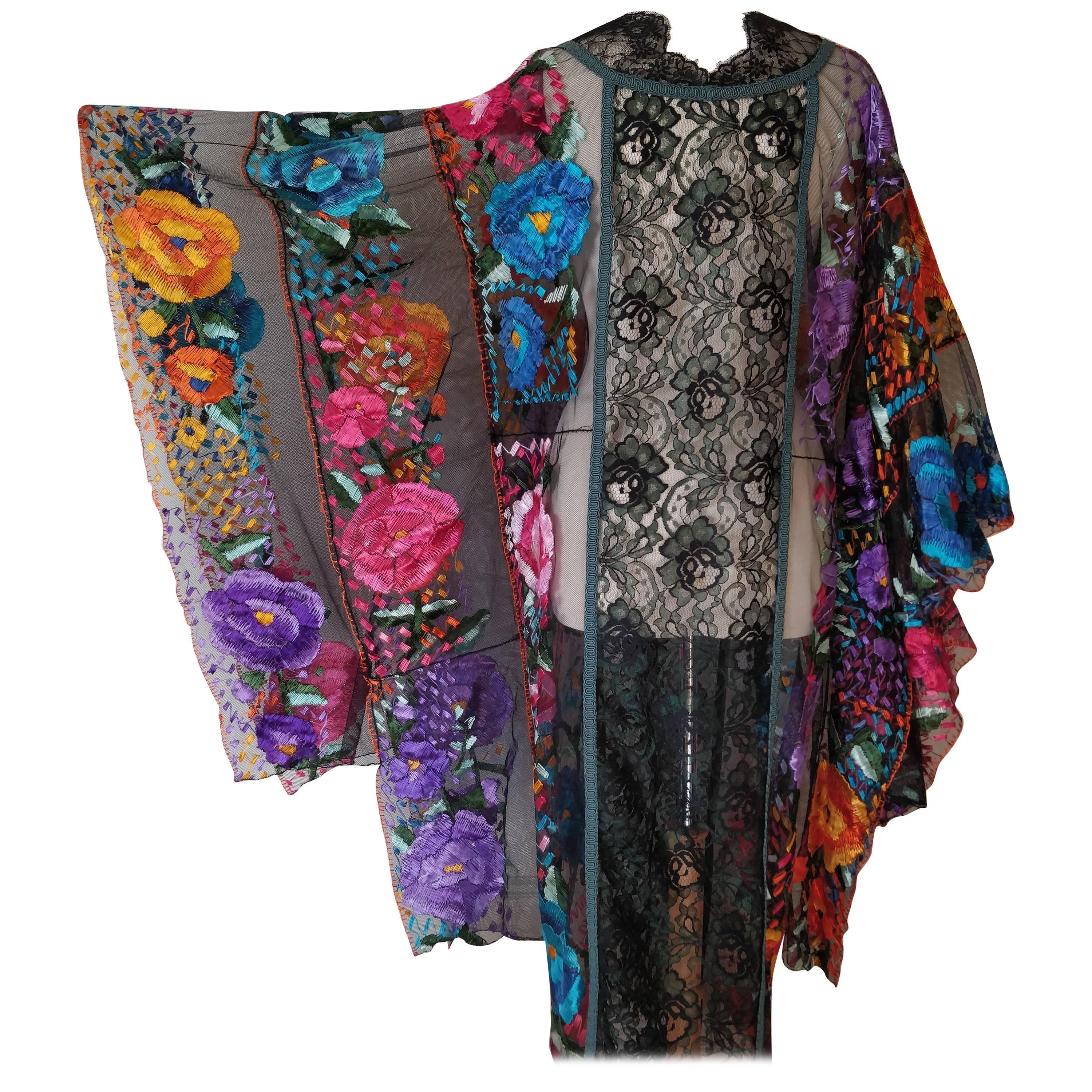 1950s Caftan with Traditional Mexican Embroidery Panels and Mixed Lace