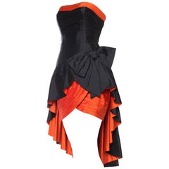 1980S SCAASI  Black & Orange Haute Couture Silk Taffeta Strapless Mini Cocktail