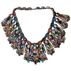 1940s Stained Glass Window Large Multi-Color Rhinestone Collar Necklace 