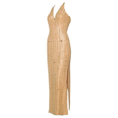 1970s Nude & Gold Halter Gown with Studs and Crystals