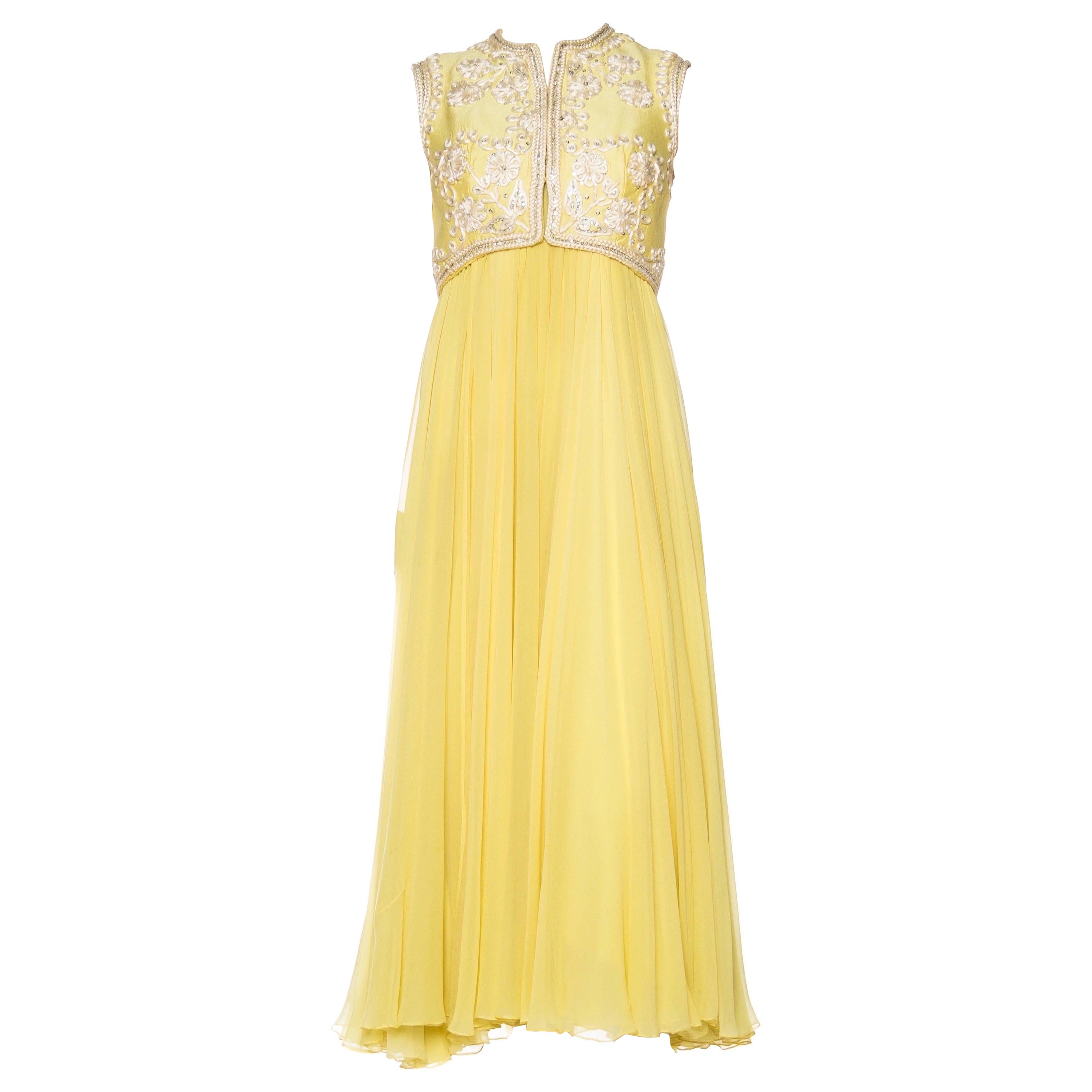 1960S Lemmon Yellow Beaded Silk Chiffon Empire Waist Gown With Matching Cropped