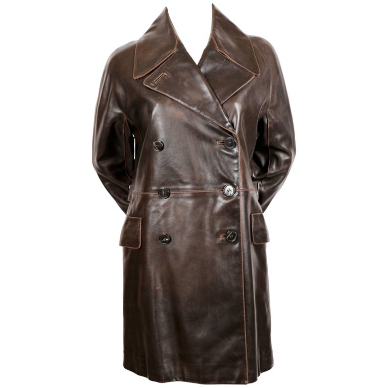 Azzedine Alaia distressed brown double breasted leather coat For Sale ...