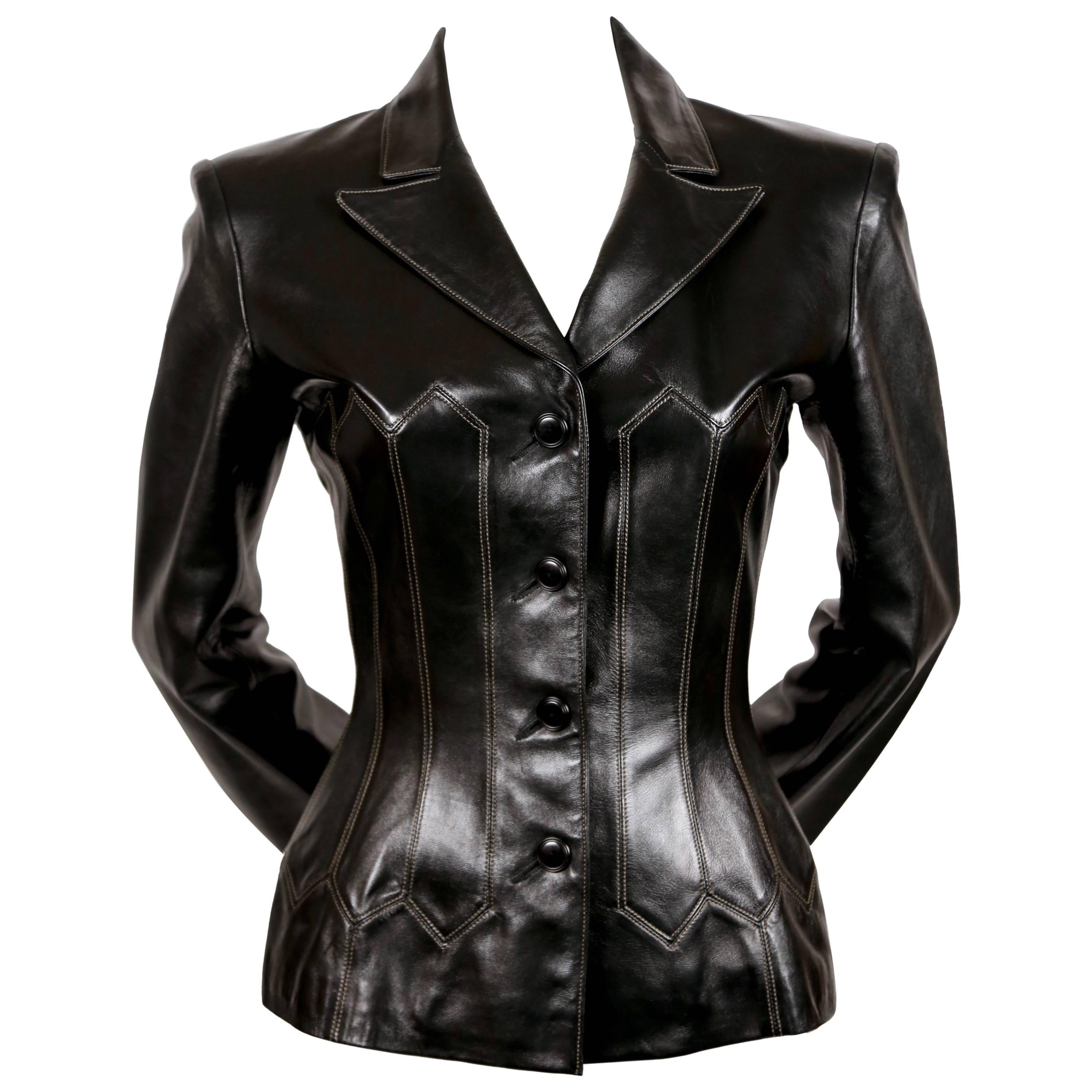 1991 AZZEDINE ALAIA black leather corset jacket with topstitching