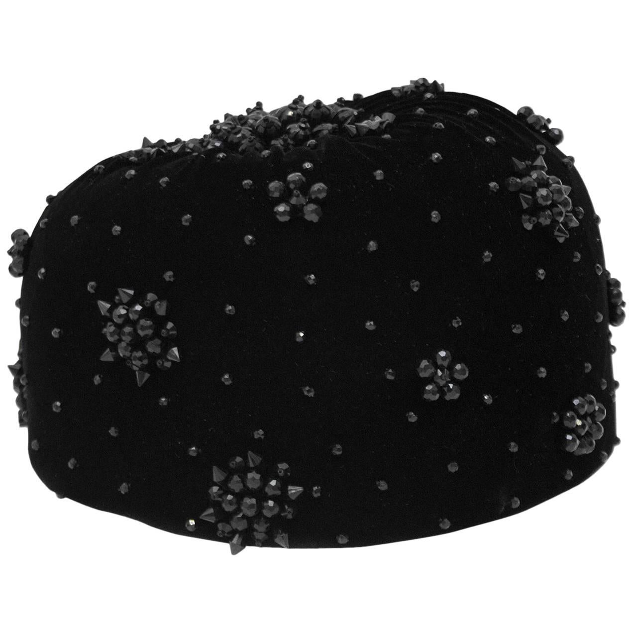 1950s Nina Ricci Black Velvet Pill Box Hat with Black Jet Beading