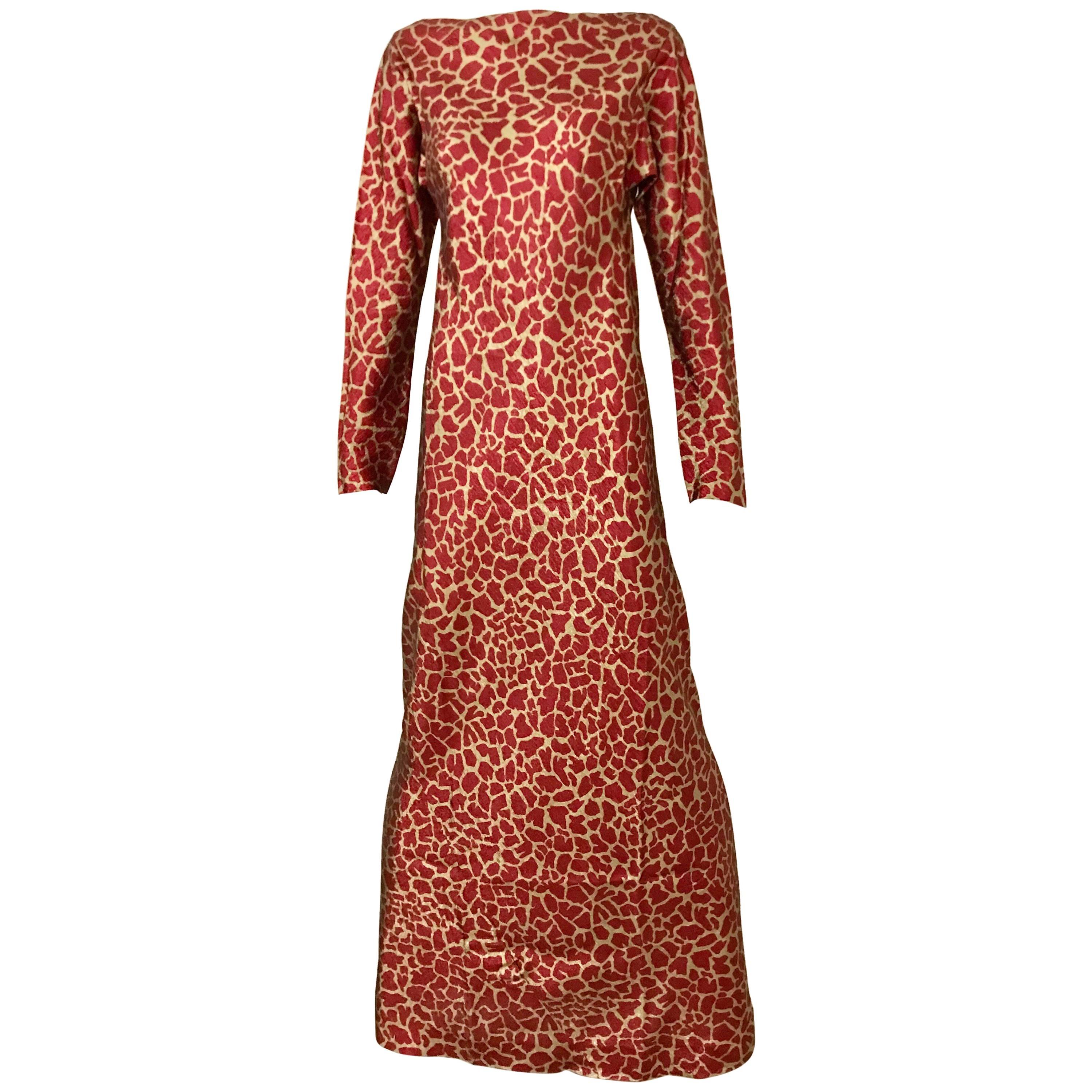 HALSTON 1970s Red and Gold Metallic Print Silk Lamè Bias Cut Dress