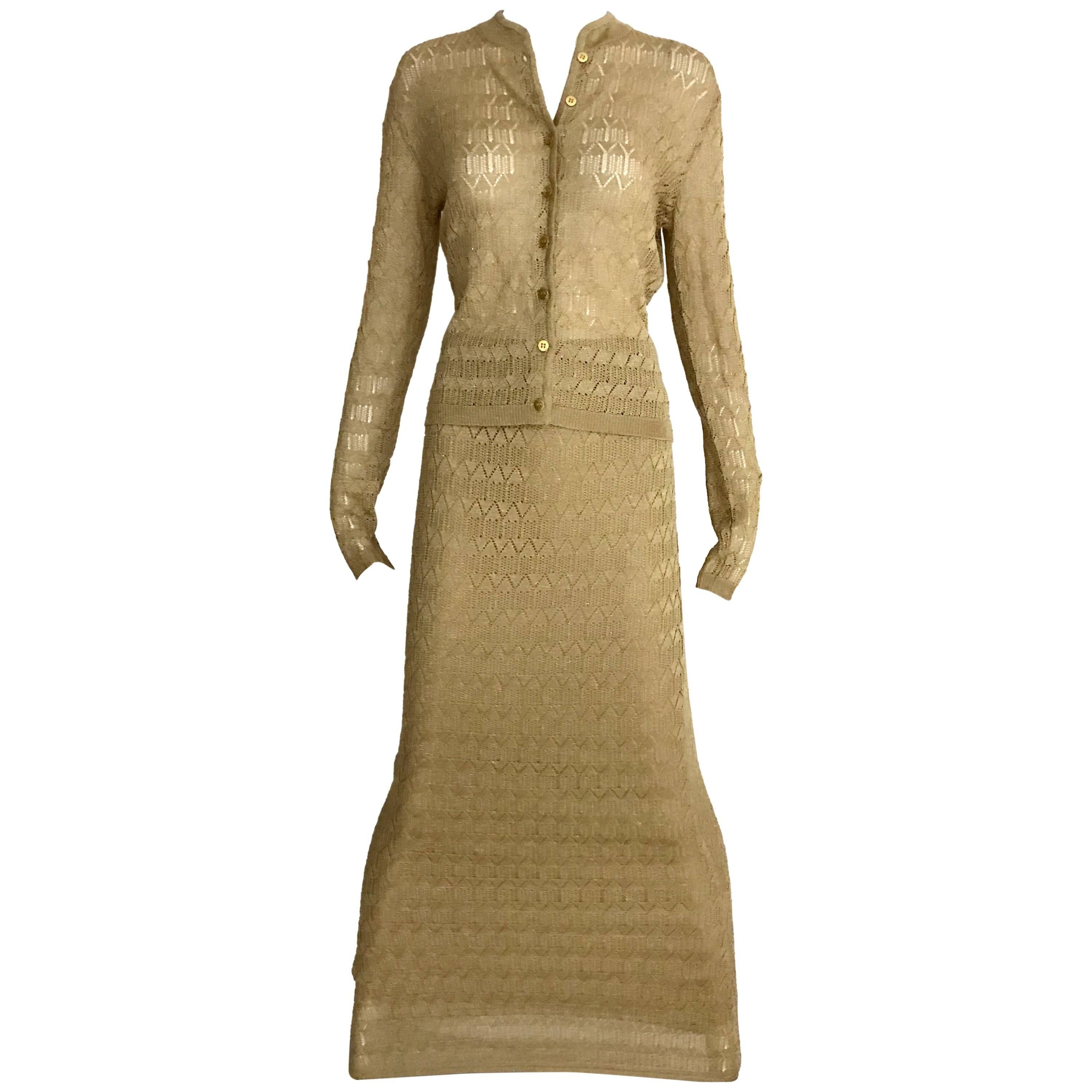 Christian Dior Gold Knit Cardigan Skirt Set