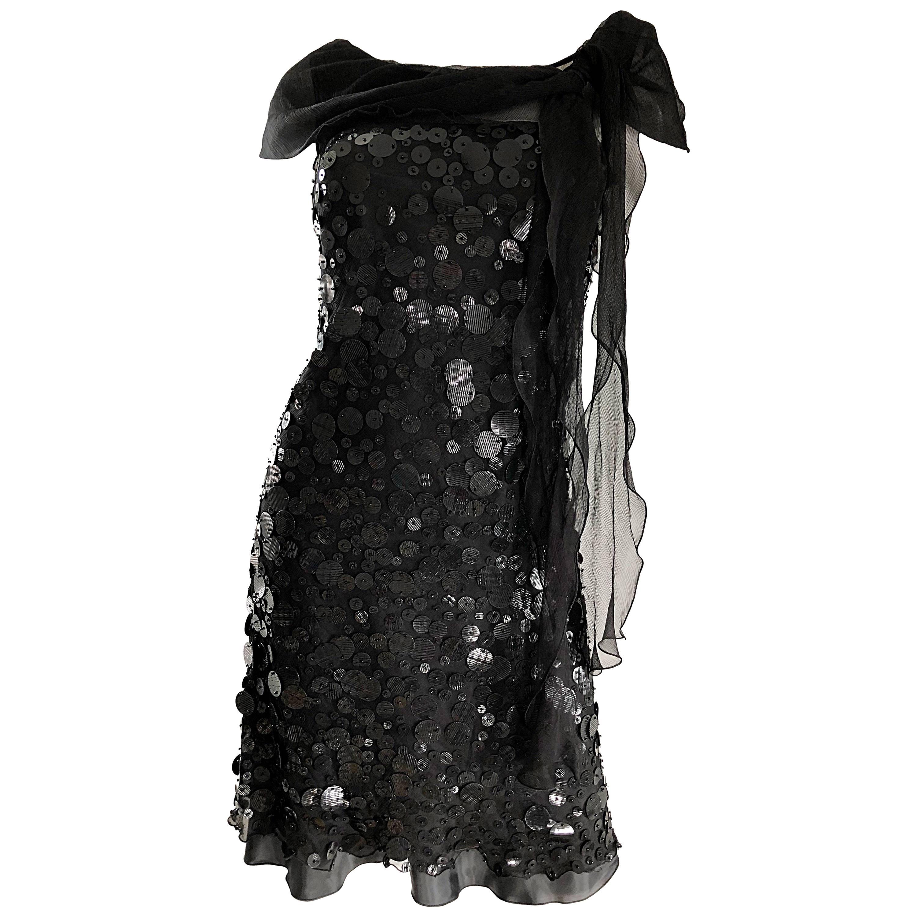 Moschino Cheap & Chic 1990s Black Size 6 Chiffon Paillettes Sequin Vintage Dress