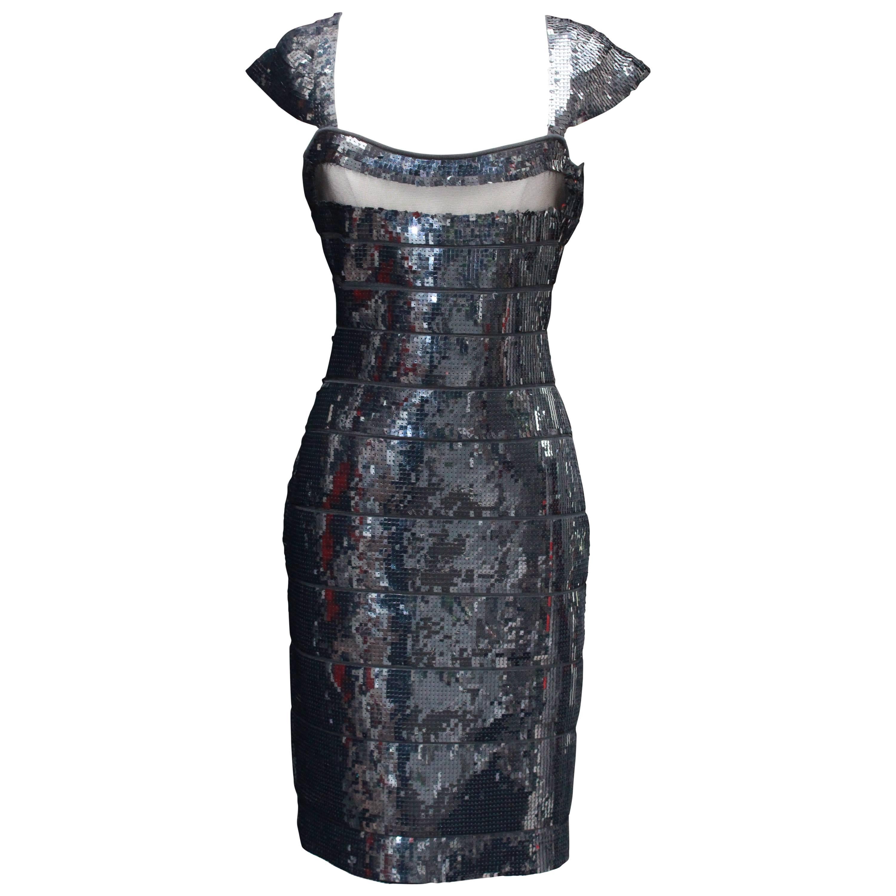 2000s Hervé Léger short evening dress, bandage covered with black sequins For Sale