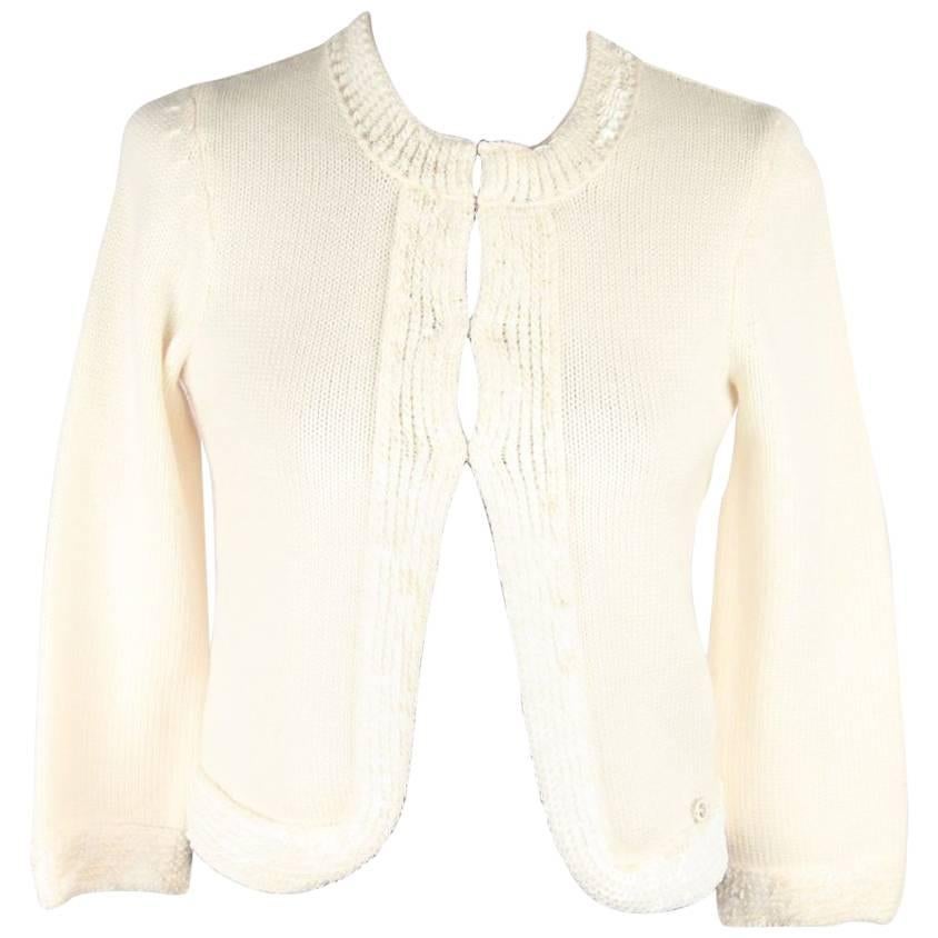 CHANEL Ivory Wool OPEN FRONT CARDIGAN w/ Sequin SIZE 38