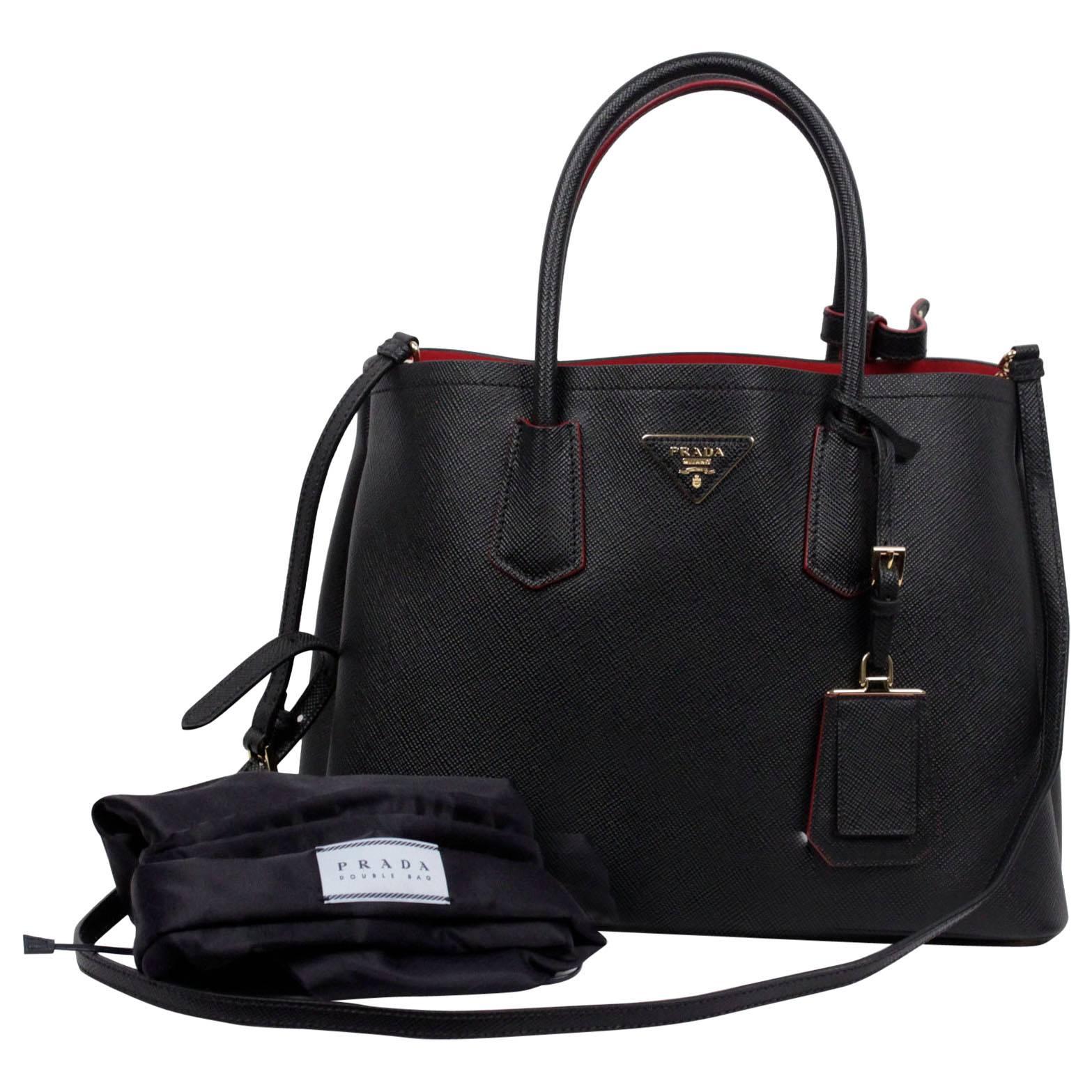 PRADA Black SAFFIANO CUIR Leather DOUBLE BAG Tote Satchel 1BG775