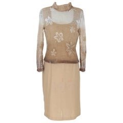 Pierre Cardin Paris vintage tunic women dress beige lace and wool 1970s size 44