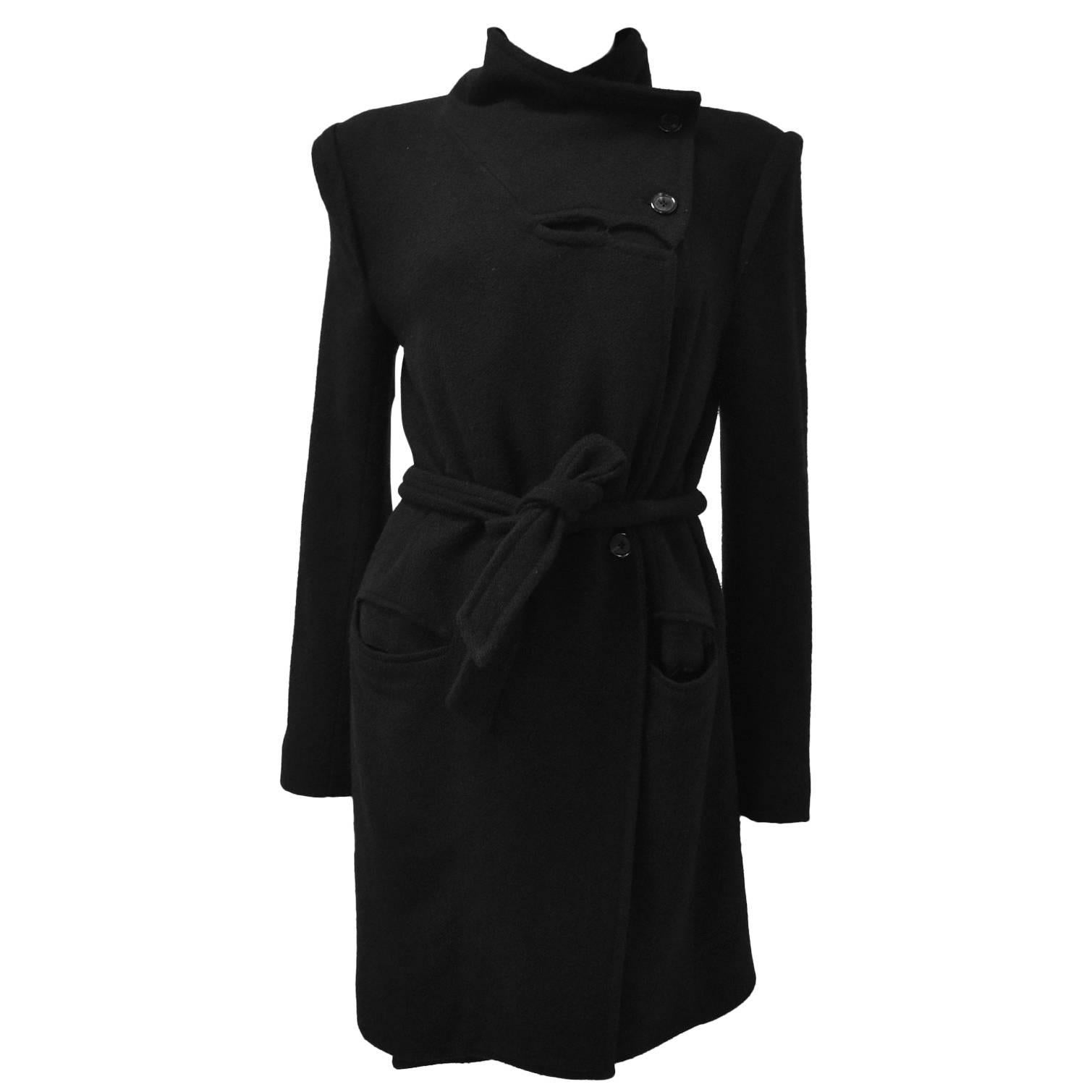 Ann Demeulemeester Black Asymmetric Coat with Collar Details and Tie Waist 